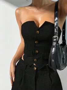 SHEIN EZwear 2pcs Women Solid Color Front Button Pocket Casual Top And Pants Set - Black - View 5