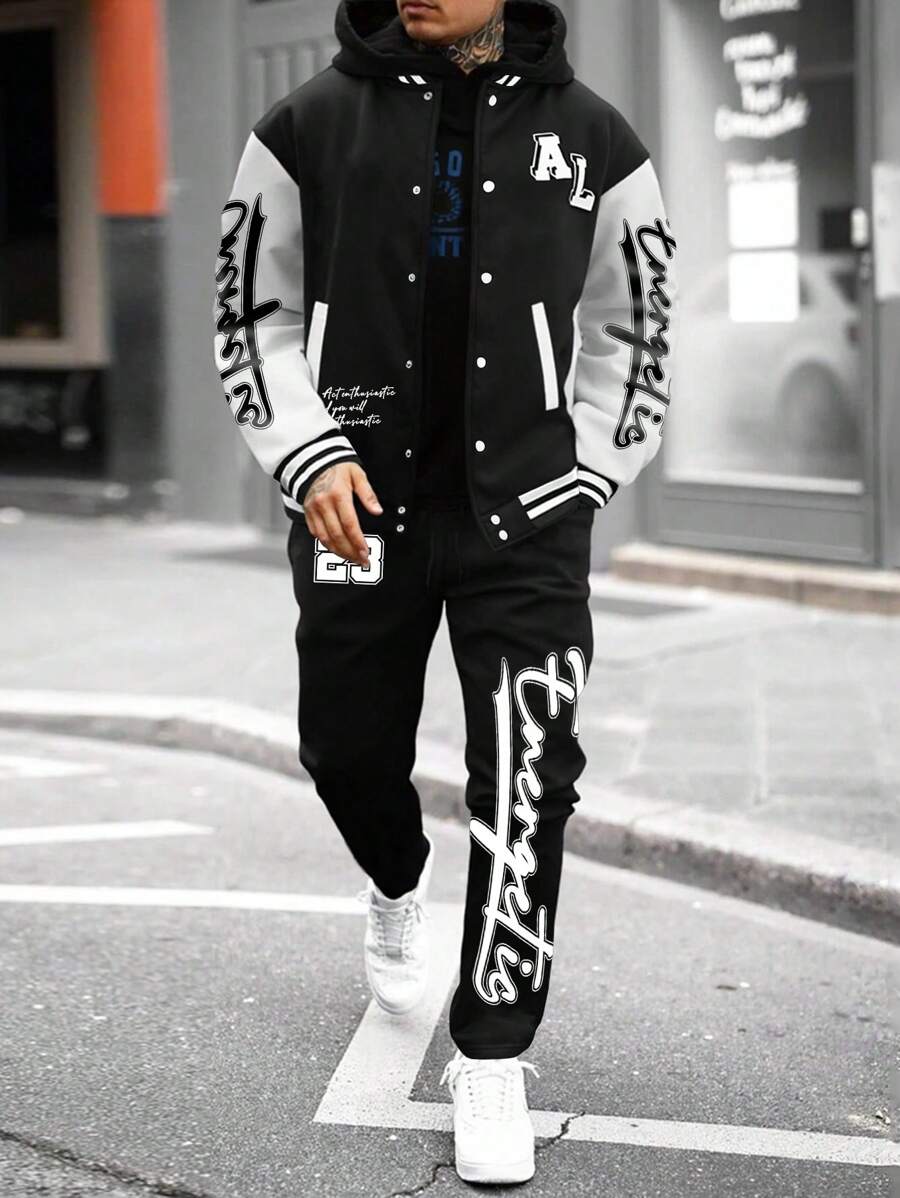 Manfinity Homme 男士字母条纹长袖棒球夹克和裤子宽松休闲西装套装 - 黑與白 - 查看 1