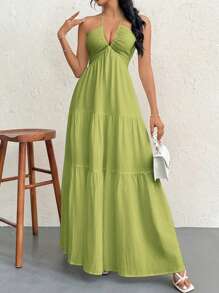 SHEIN Privé Women's Crinkled Halter Backless Dress With Tie Back, Suitable For Vacation, Wedding, Ceremony,Sun Dress