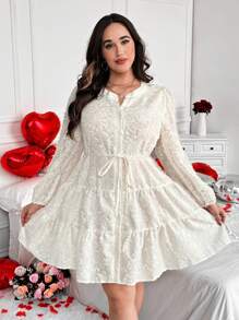 Vionelle 大码立领前扣提花下摆拼接长袖连衣裙，带有情人节、玫瑰、心形、波尔卡圆点、爱心、嘴唇、丘比特、94D 花卉图案 - 杏色 - 查看 6