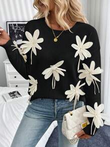 SHEIN Unity 女士3D手工花朵长袖套头毛衣，秋冬针织套头衫 - 黑色 - 查看 6