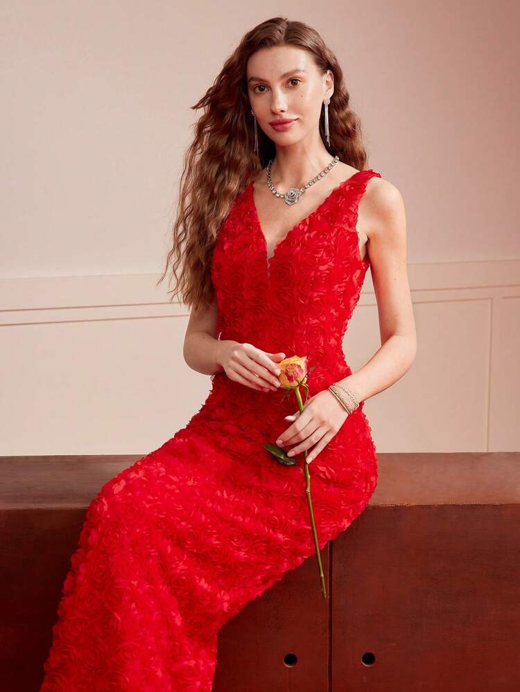 CONTRAST MESH FLORAL PATCHED SPLIT HEM DRESS,VALENTINE'S DAY OUTFIT,SPRING/SUMMER