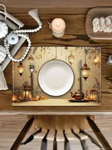 1buc/4buc/6buc Ramadan Lantern Moon Star Placemat, Pret alungit din poliester lavabil la masina, Blat protejat, Placemat izolat, Decorare restaurant, Decorat masa, Articole de uz casnic, Potrivit pentru multi oameni, Decorare pentru petreceri