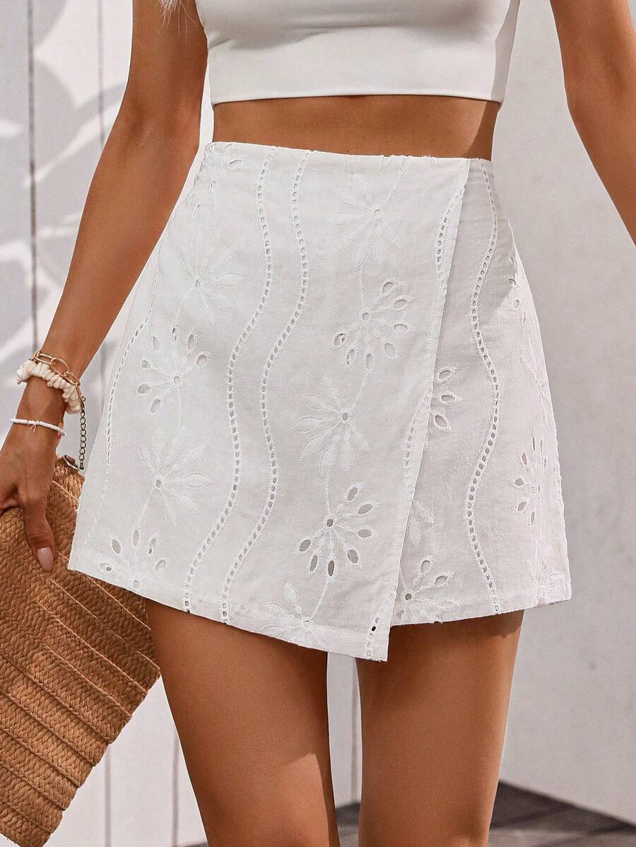 SHEIN Tall Spring/Summer Vacation Embroidered Asymmetrical Hem Design Waisted Culotte - White - View 1