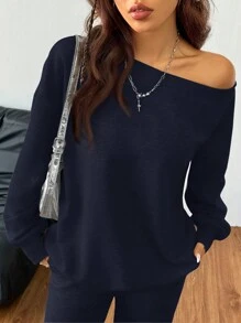 Coolane Women's Fall/Winter Basic Knit Plain Grey Baggy Off The Shoulder Asymmetrical Neck Long Sleeve Sweatshirt & Flare Pants Workout Set,Two Pieces Outfits