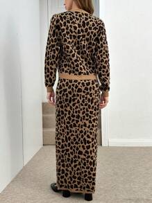 EURMUSE Woman Leopard Pattern Cardigan And Skirt Two Piece Set Co-Ords - Coffee Brown - View 2