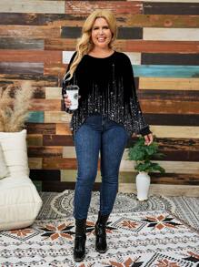 SHEIN LUNE Casual Minimalist Allover Print Loose Fit Round Neck Long Sleeve Plus Size T-Shirt, Suitable For Autumn/Winter - Multicolor - View 6