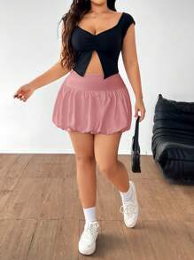 CovetEZ Plus Size Women High Waist Short Ruched Skirt - Pink - View 6