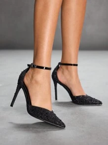 CUCCOO SZL Damskie modne czarne pełne kryształki pasek na kostkę szpiczasty nosek szpilki na wysokim obcasie na randkę, imprezę, festiwal