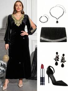 SHEIN Clasi Plus Size V-Neck Applique Slit Sleeve Elegant Long Sleeve Dress Valentines Outfit