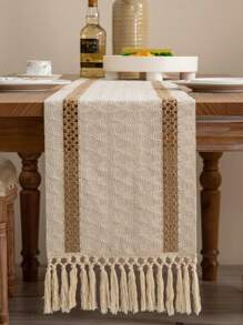 1pc Living Room Table Runner, Linen Hollow Table Runner, Beige, Suitable For Birthday Party Dinner, Autumn Decoration, Room Decoration - Beige - View 4