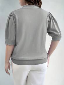 EMERY ROSE Plus Size Women's V-Neck Puff Sleeve Solid Color Sweater With Button Design, For Autumn/Winter Knit Pullover Fall Sweater - Light Grey - View 2