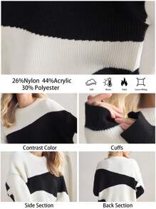 BizChic 黑白撞色毛衣上衣，女士办公室通勤，优雅新年，春夏，约会 - 黑與白 - 查看 3