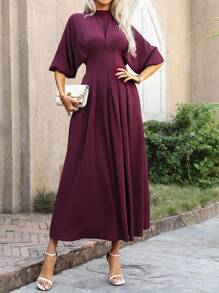 SHEIN Clasi Women's Middle East Style Casual Vacation Commute Front Waist Shirred Gathered Sleeve Dress, Spring/Summer/Autumn