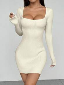 Flirla Women's Casual Solid Color Backless Bodycon Mini Sweater Dress - White - View 5