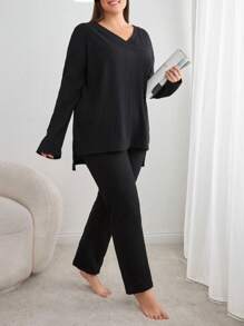 RueChic 2pcs Plus Size Cotton Button Detail Shirt And Long Bottom Homewear Lounge Set - Black - View 1