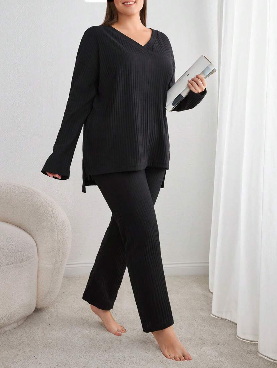 RueChic 2pcs Plus Size Cotton Button Detail Shirt And Long Bottom Homewear Lounge Set - Black - View 1