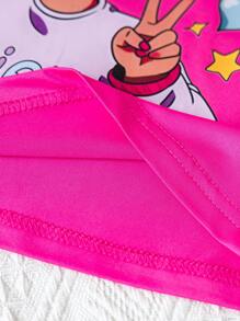 SHEIN 2 件套年轻女孩休闲卡通印花短袖上衣和破洞牛仔短裤套装 - 玫紅色 - 查看 6