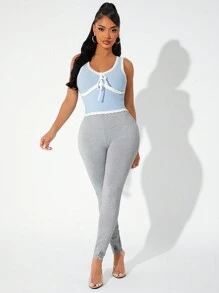 SHEIN SXY 性感、可爱、舒适的灰色蕾丝拼接紧身裤，百搭 - 灰色 - 查看 6