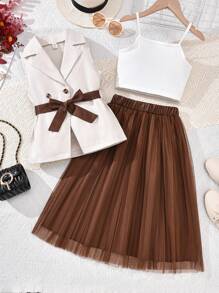 Sparklyn Set formal de 3 piezas para niña preadolescente: chaleco con cinturón, camiseta blanca, falda de malla para primavera/verano - Albaricoque - Ver 1