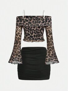 SHEIN Tween-Mädchen Leopard Muster Mesh Off-Shoulder Glockenärmel Crop Top und schwarzer plissierter Mini Rock 2 Stücke Set, Lässig & elegant für den Alltag