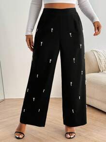 Celure Plus Size Women Pearl Embellished Casual Pants, Minimalist And Fashionable For Everyday Wear