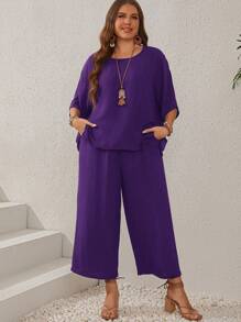 EMERY ROSE Plus Size Women's Dark Blue Batwing Sleeve Round Neck Shirt And Wide Leg Pants Set With Pockets For Summer