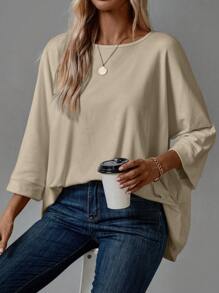 SHEIN LUNE 女士纯色圆领蝙蝠袖宽松休闲 T 恤，秋季