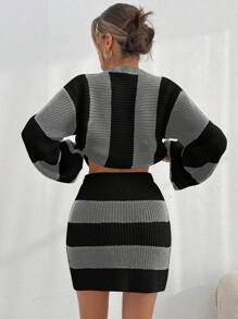 EURMUSE Women Striped Knit Design Oversize Sweater And Knit Skirt Set - Grey - View 6