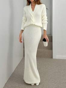 EURMUSE 女士纯色罗纹针织扭纹前套头衫和毛衣裙套装 - 米色 - 查看 2