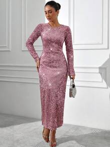 EURMUSE Elegant Style, Sequin Long Line Bodycon Dress - Pink - View 7