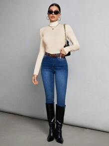 SHEIN Tall Simple Solid Color Slim High Collar White Top Suitable For Autumn And Winter Basic Long Sleeve Tops, Tall Women - Beige - View 3