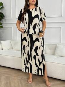 SHEIN Frenchy Plus Size Elegant Geometric Print Pleated Fabric Round Neck Top And Form-Fitting Slit Skirt Set, For Summer - Black and White - View 3