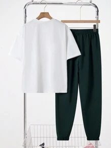 SHEIN Leap Crew 2pcs Set Teen Boy's Slogan & Tropical Print Tee & Drawstring Waist Shorts;Spring Wear; Teen Boys' Clothing; Teen Boy' Jackets, Spring Back To School - Multicolor - View 2