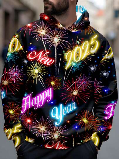 Manfinity Homme 男士 2025 新年烟花图案运动衫，适合春节、除夕夜家庭聚会