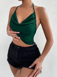 SHEIN Raffinéa Top halter con fruncido delantero de espalda abierta con cordón - Verde Oscuro - Ver 7