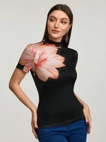 Modelyn Áo thun tay ngắn cổ đứng in hoa thanh lịch dành cho nữ - màu đen - Xem 6