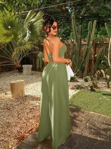 SHEIN SXY Conjunto de pantalones anchos de pierna ancha con pliegues y sin tirantes de moda para mujer, ideal para vacaciones de verano, playa y estilo bohemio sexy