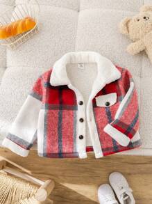SHEIN Baby Boys All-Match Plaid Thermal Lined Casual Sport Gentleman Preppy Style Jacket, Suitable For Autumn And Winter Seasons