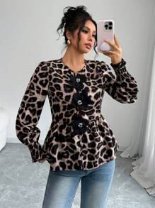 SHEIN Frenchy Women's Fashion Three-Dimensional Flowers Long Sleeves Tops,Leopard Print Button Closure Embellished Doll Shape Shirt, Lantern Sleeve Ruffle Cuff Top,Autumn Winter Cheetah Casual - Multicolor - View 6