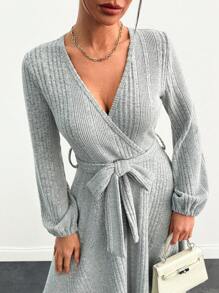 SHEIN Cottnline Asymmetrical Ruffled Belted Wrap Long Dress - Light Grey - View 5