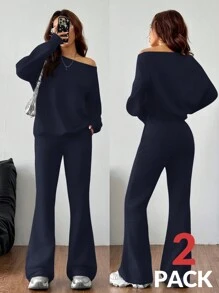 Coolane Women's Fall/Winter Basic Knit Plain Grey Baggy Off The Shoulder Asymmetrical Neck Long Sleeve Sweatshirt & Flare Pants Workout Set,Two Pieces Outfits