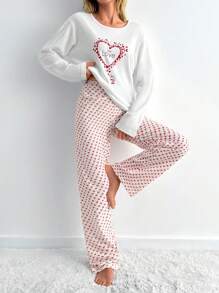 RueChic Cotton 2Pcs Contrast Colour Heart Printed PJ Set - White - View 4