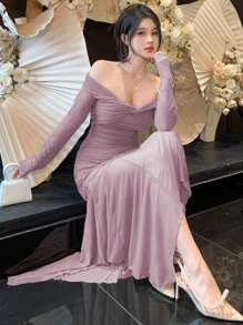 DAZY Váy dài ngang vai thắt nút xoắn thanh lịch dành cho nữ, màu trơn, thanh lịch cho mùa xuân/ngày lễ tình nhân, váy cưới, quần áo trở lại trường, váy mùa thu - Màu tím - Xem 3