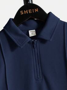 SHEIN Tween Boy Plus Size Solid Color Front Zipper Short Sleeve Casual Polo Shirt