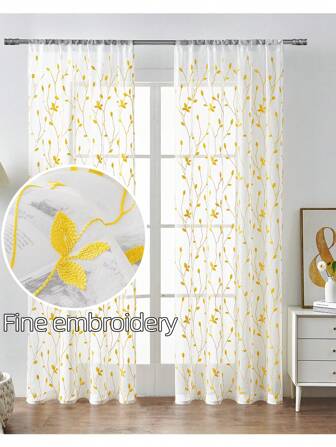 Botanical Embroidery Sheer Curtains / Pole Pocket Simple White Transparent Curtain / Embroidered Floral Vine Pattern Semi-Sheer Linen-Look Voile Curtains / For Bedroom Living Room,Fall Decor,Autumn Decor,Room Decor