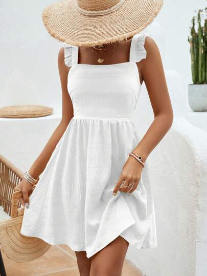 SHEIN LUNE 女士纯色方领拼布荷叶边下摆短款度假连衣裙