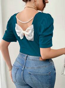 Elenzga 大码女式夏季蝴蝶结装饰修身圆领泡泡袖T恤，新年款