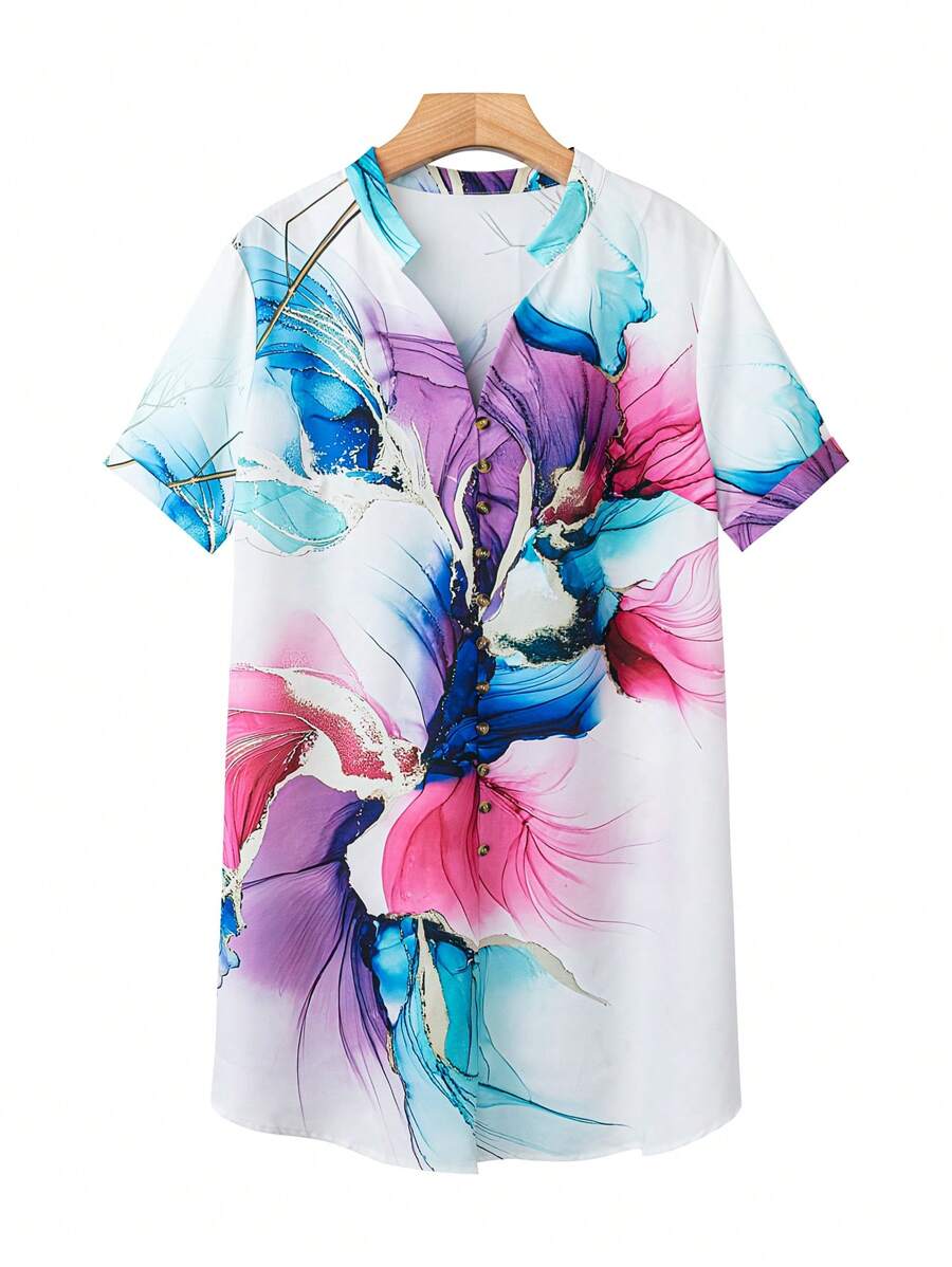 SHEIN LUNE Women's New Positioning Floral Print Shirt Dress - Multicolor - View 1