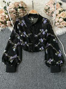 DreamSkyne 女式加大码花卉印花翻领长袖休闲衬衫 - 彩色 - 查看 1